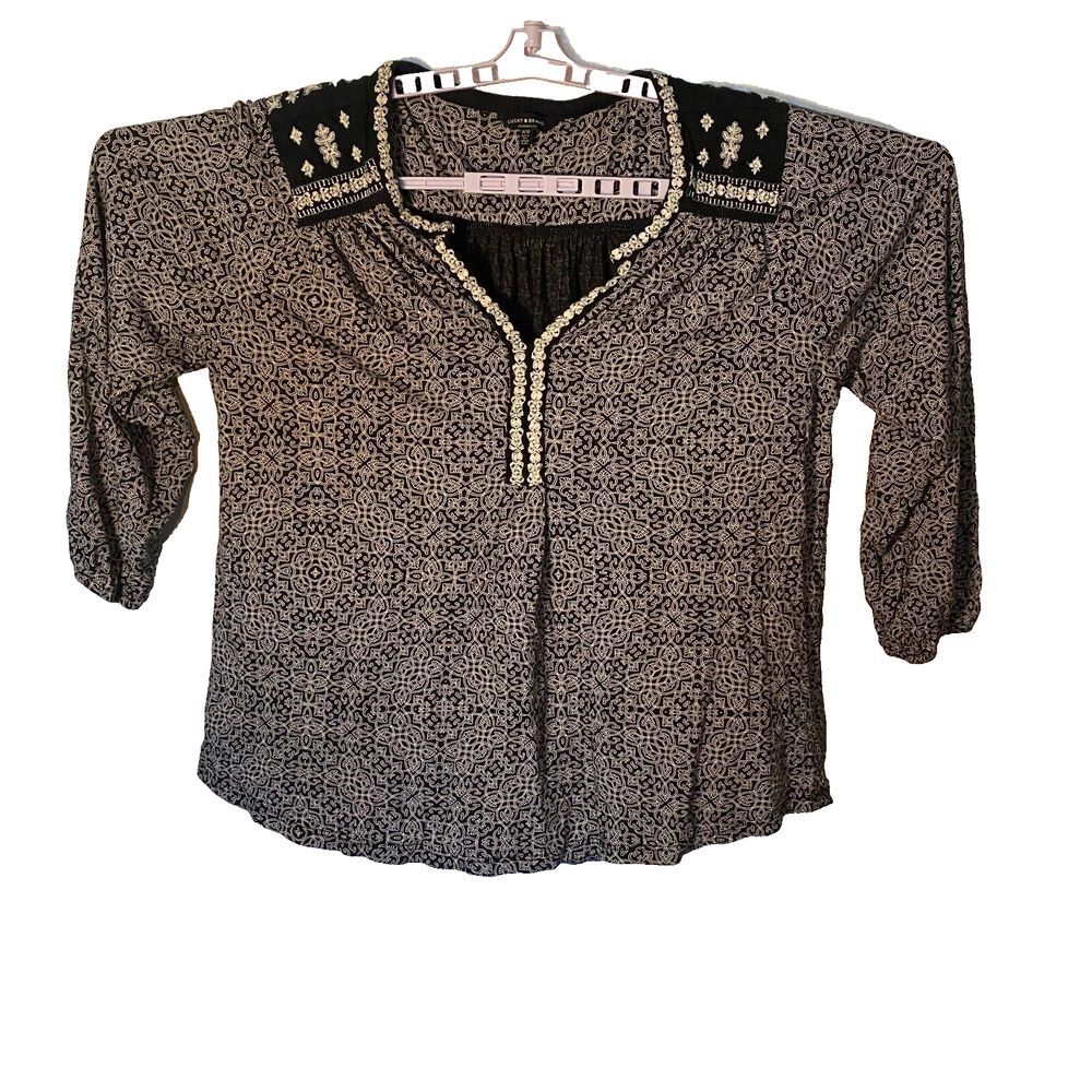 Lucky‎ Brand Shirt Women's Size 1X Black White Boho Print 3/4 Sleeve V Neck
